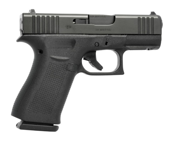 Black semi-automatic handgun on white background