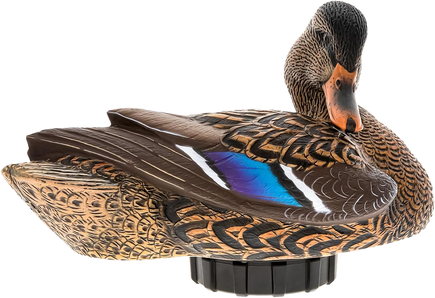 Hand-carved wooden duck decoy on stand