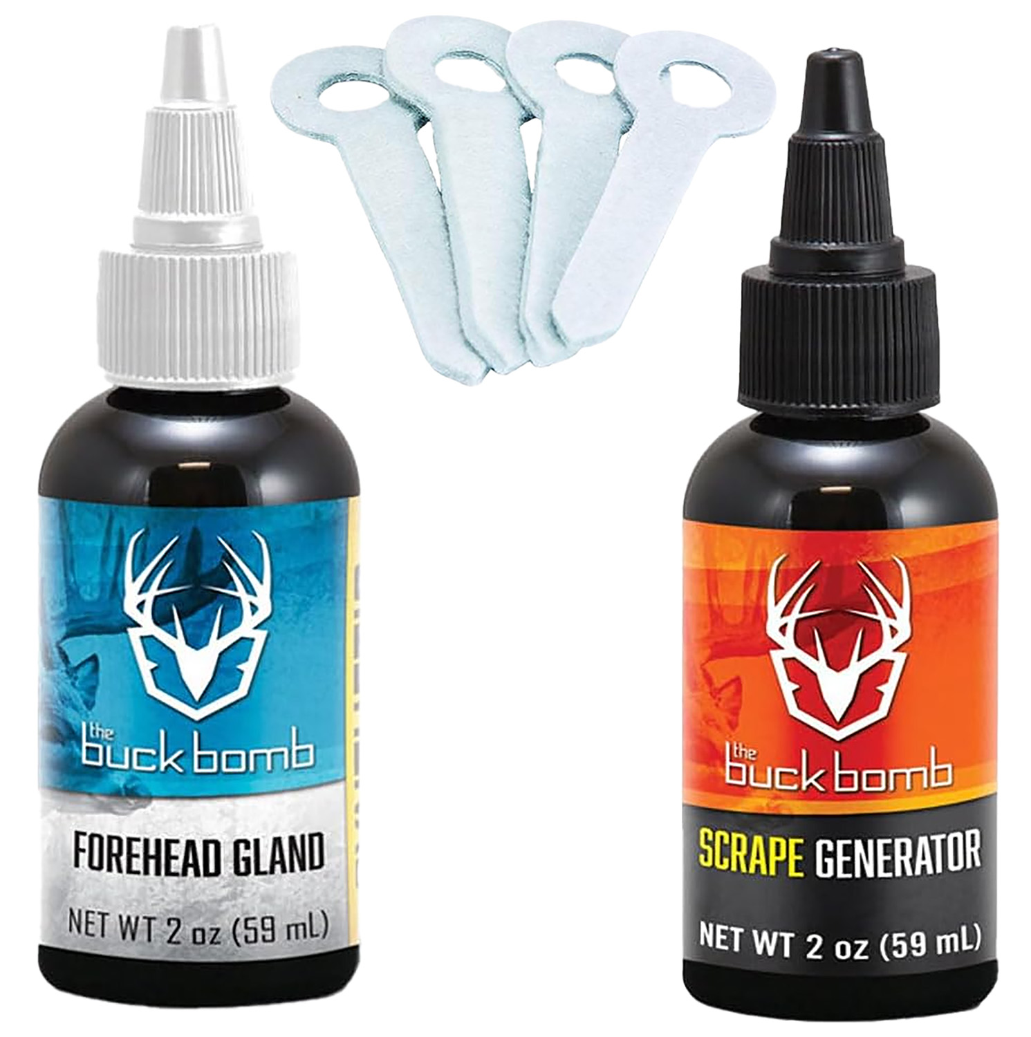 Buck Bomb deer scent bottles with applicators