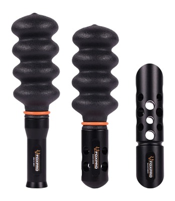 Three black ribbed massage tool attachments