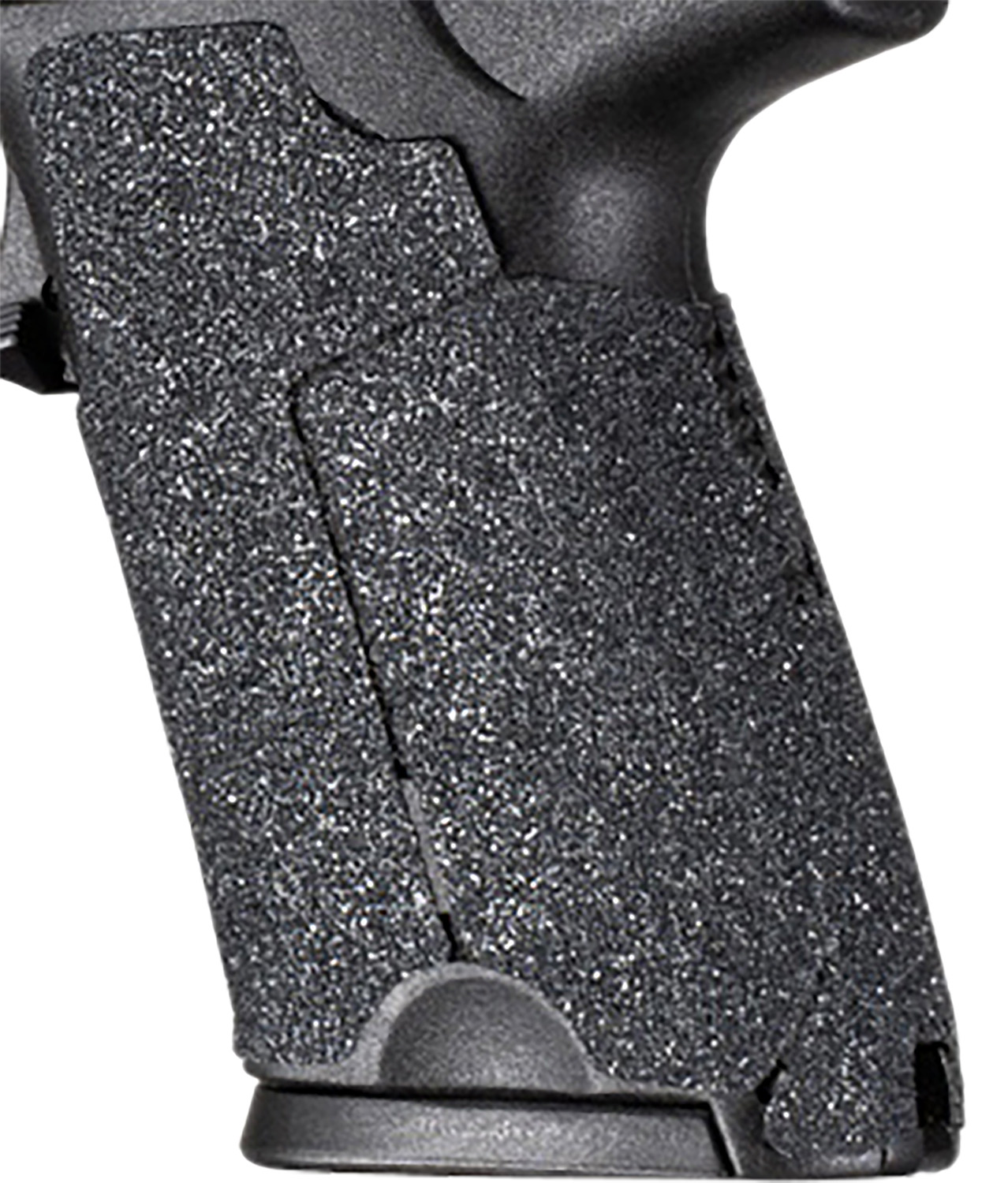 Close-up of textured handgun grip with tape