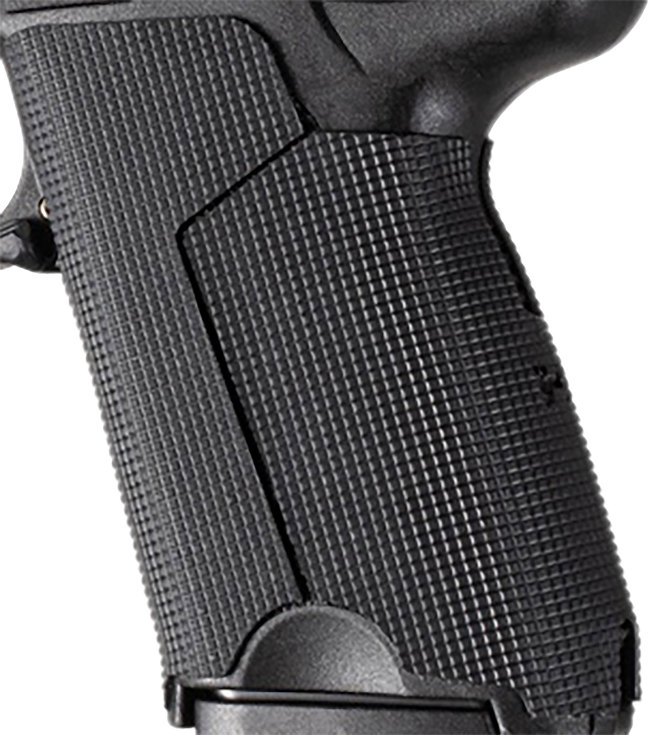Close-up of textured black handgun grip