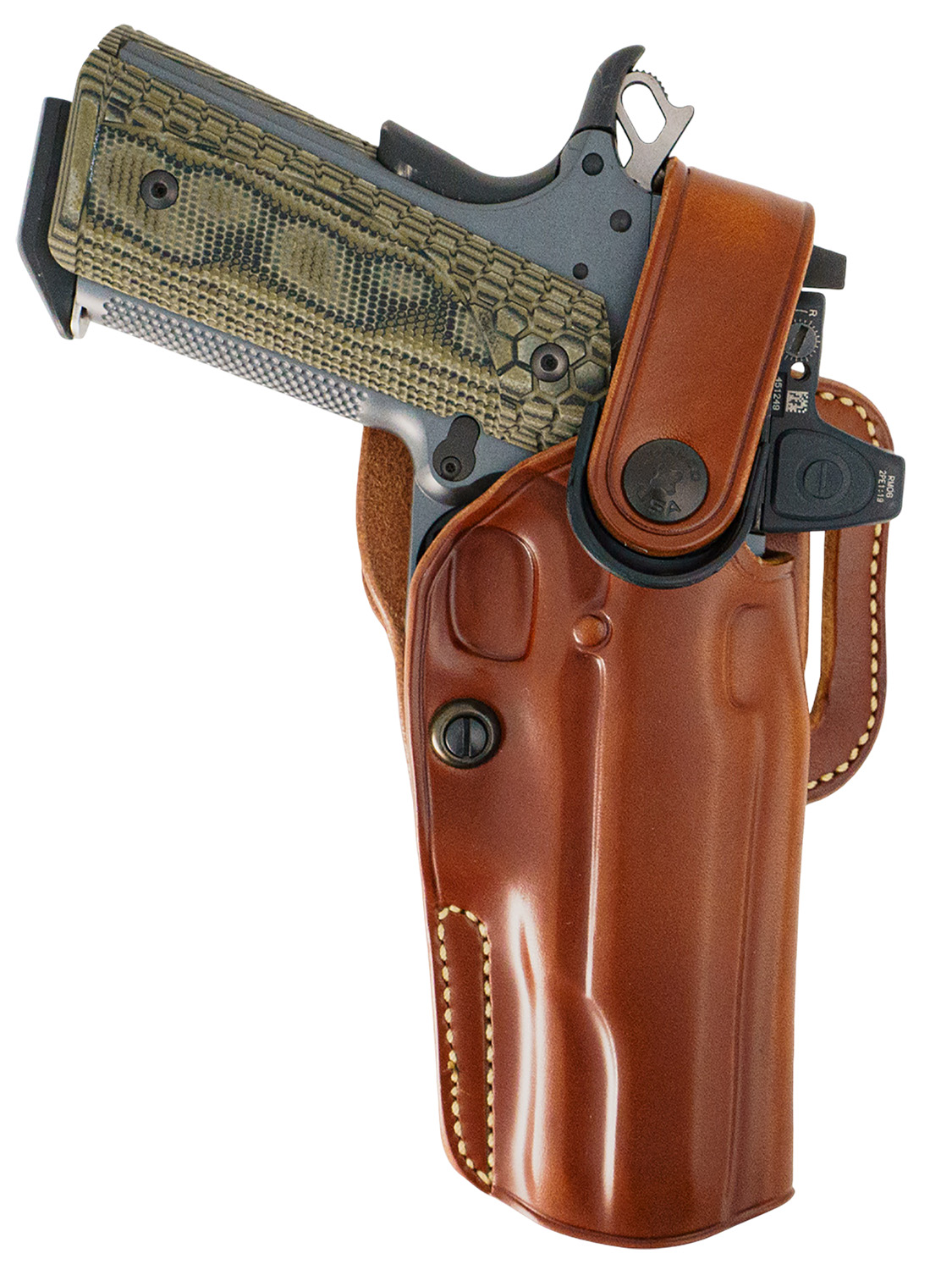 Handgun in brown leather holster