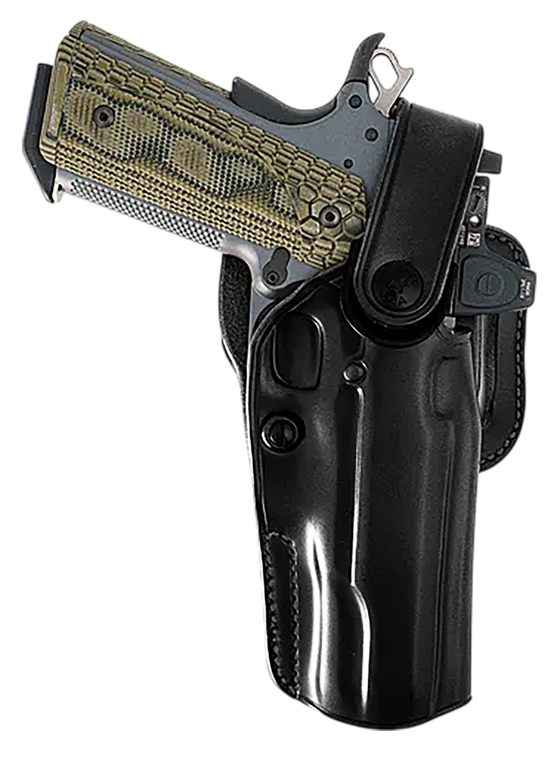 Handgun in black leather holster