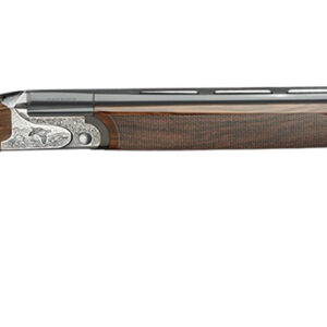 Double-barrel shotgun with wooden stock on white background