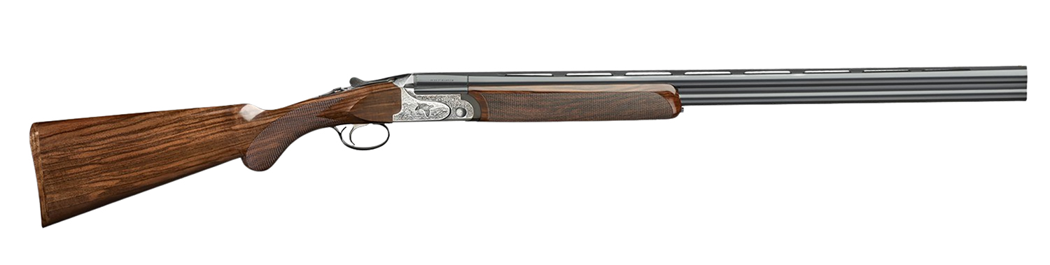 Double-barrel shotgun with wooden stock on white background