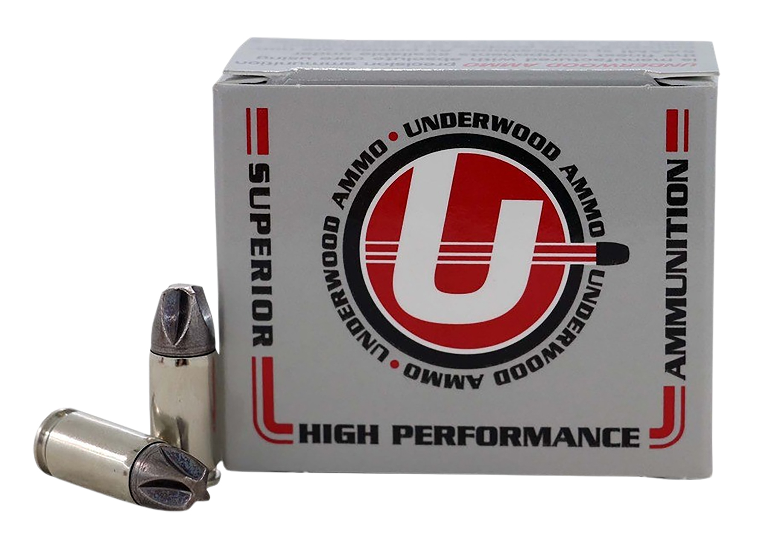 Underwood Ammo box with two handgun cartridges