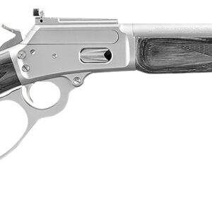 Lever-action rifle with wooden stock and silver barrel