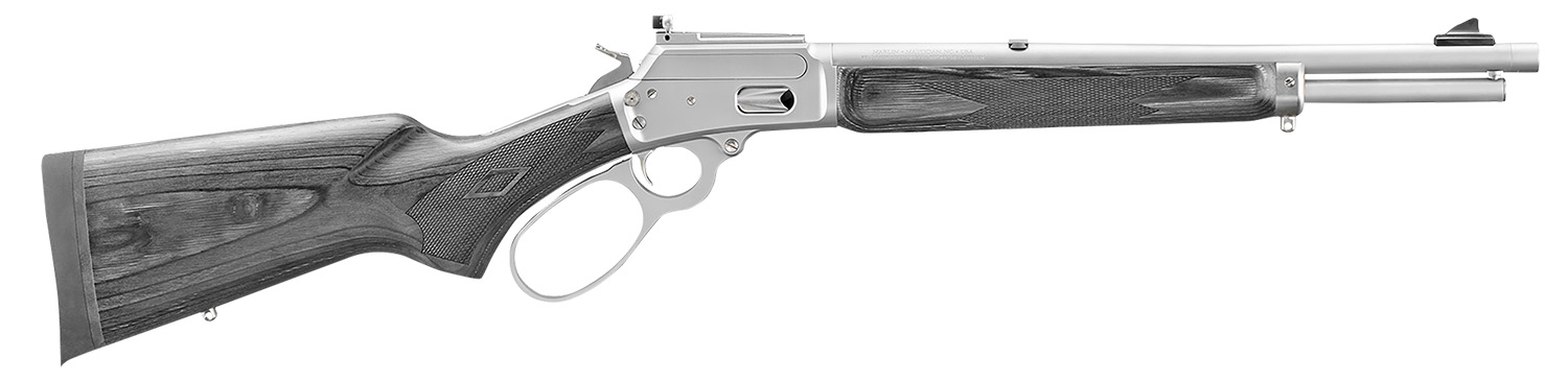Lever-action rifle with wooden stock and silver barrel