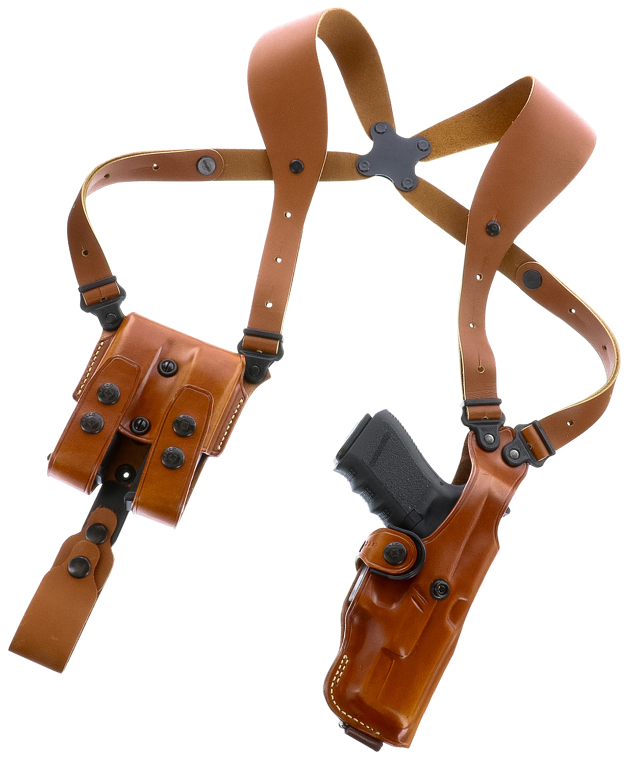 Brown leather shoulder holster with handgun and magazine pouch