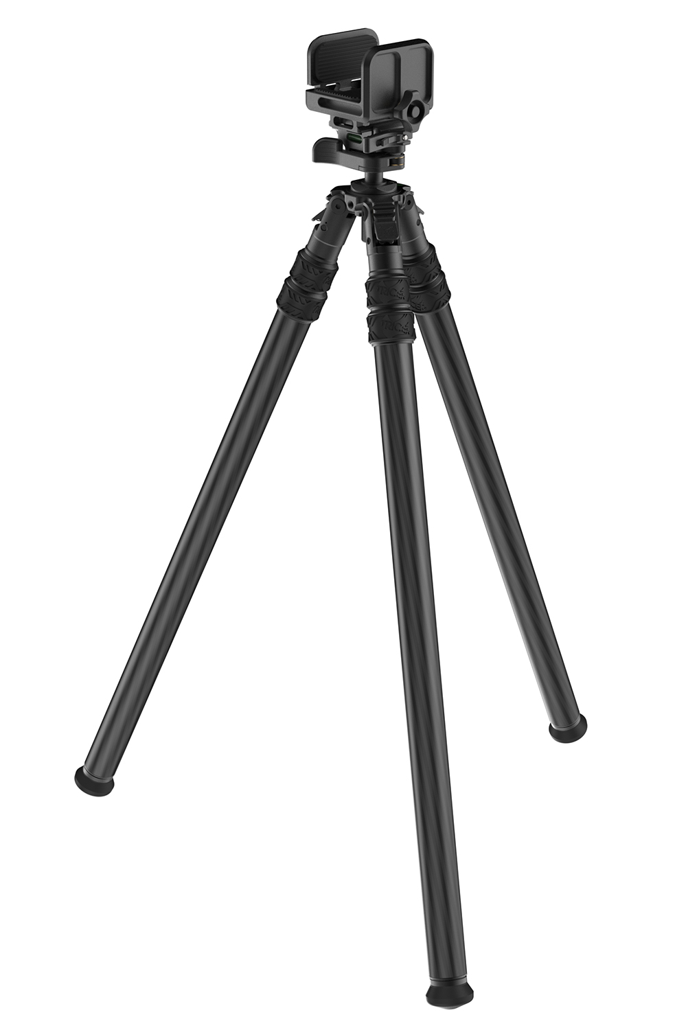 Black tripod with smartphone mount on white background