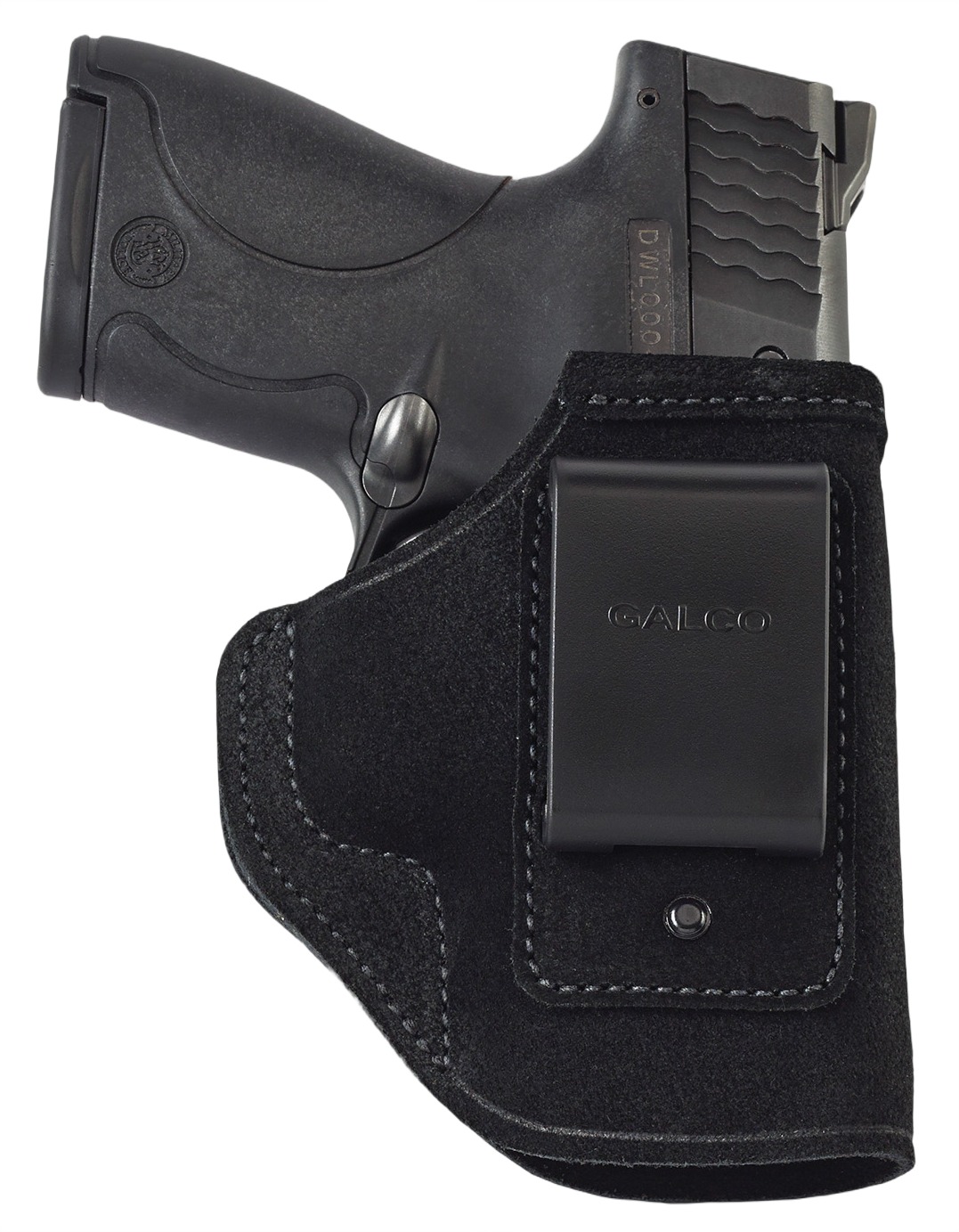 Compact handgun in black suede holster with clip