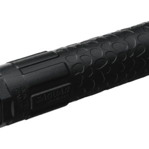 Black firearm suppressor with textured grip surface