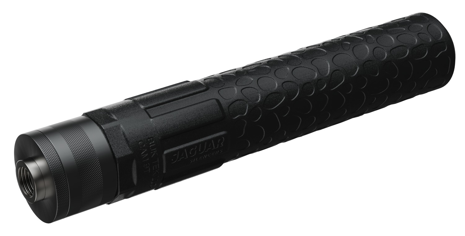 Black firearm suppressor with textured grip surface