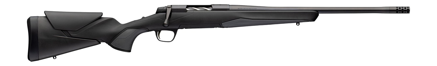 Black bolt-action rifle with synthetic stock