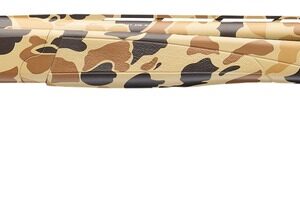 Camouflage-patterned shotgun on white background