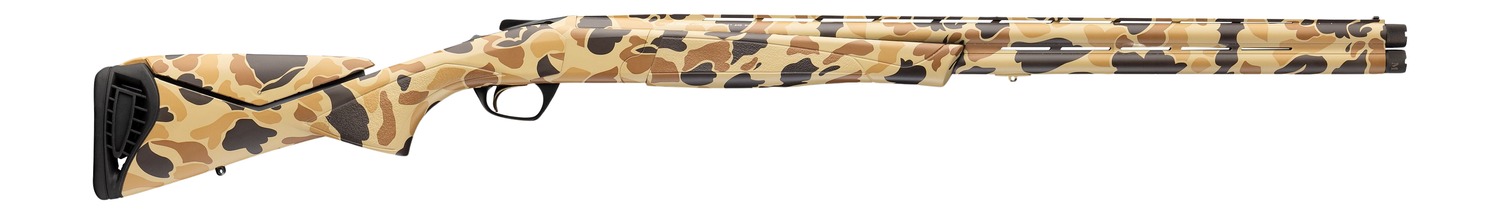 Camouflage-patterned shotgun on white background