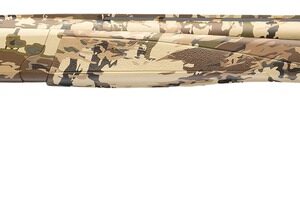 Camouflage-pattern shotgun on white background