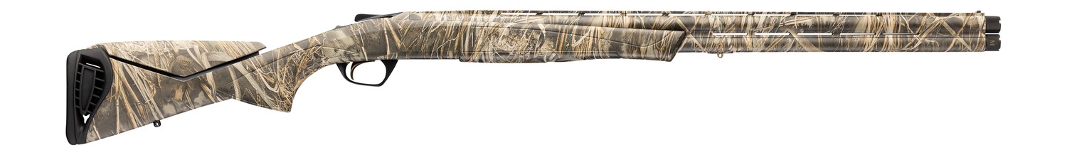 Camouflage-patterned shotgun on white background