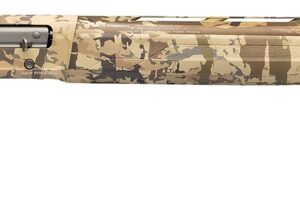 Camouflage-patterned semi-automatic shotgun on white background