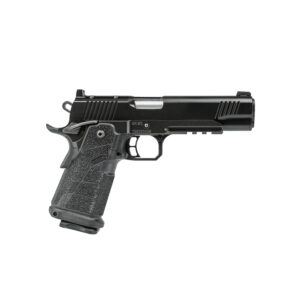 Black semi-automatic handgun on white background