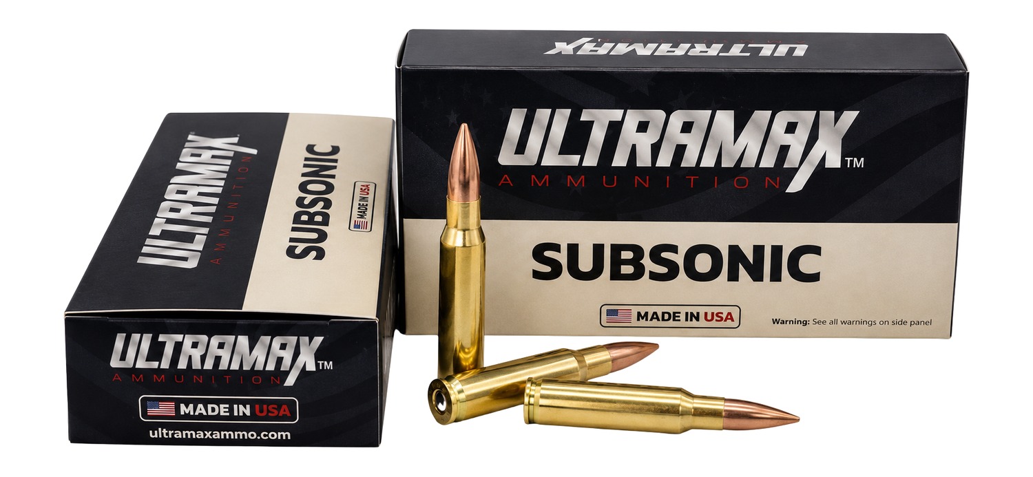 Ultramax Subsonic ammunition boxes and rifle cartridges