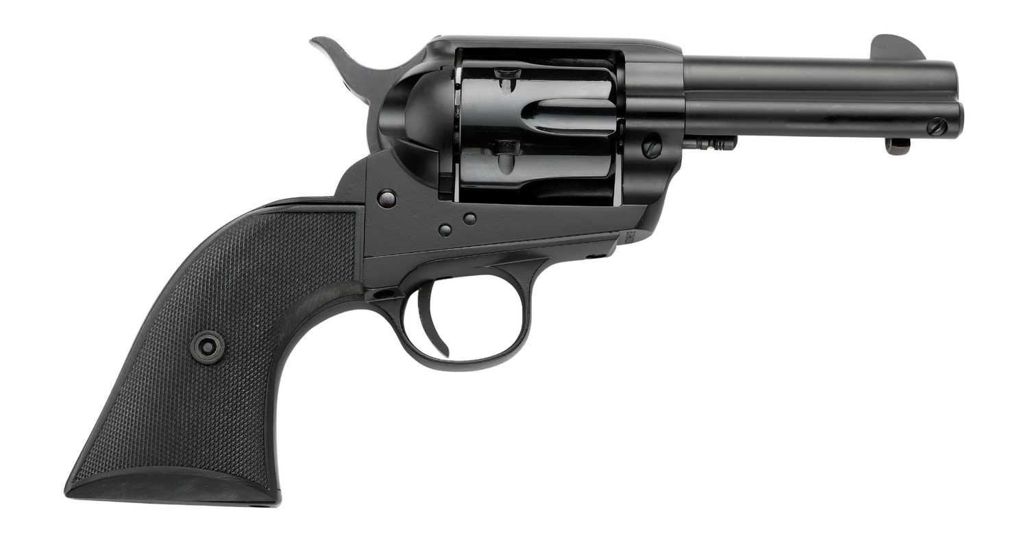 Black revolver handgun on white background