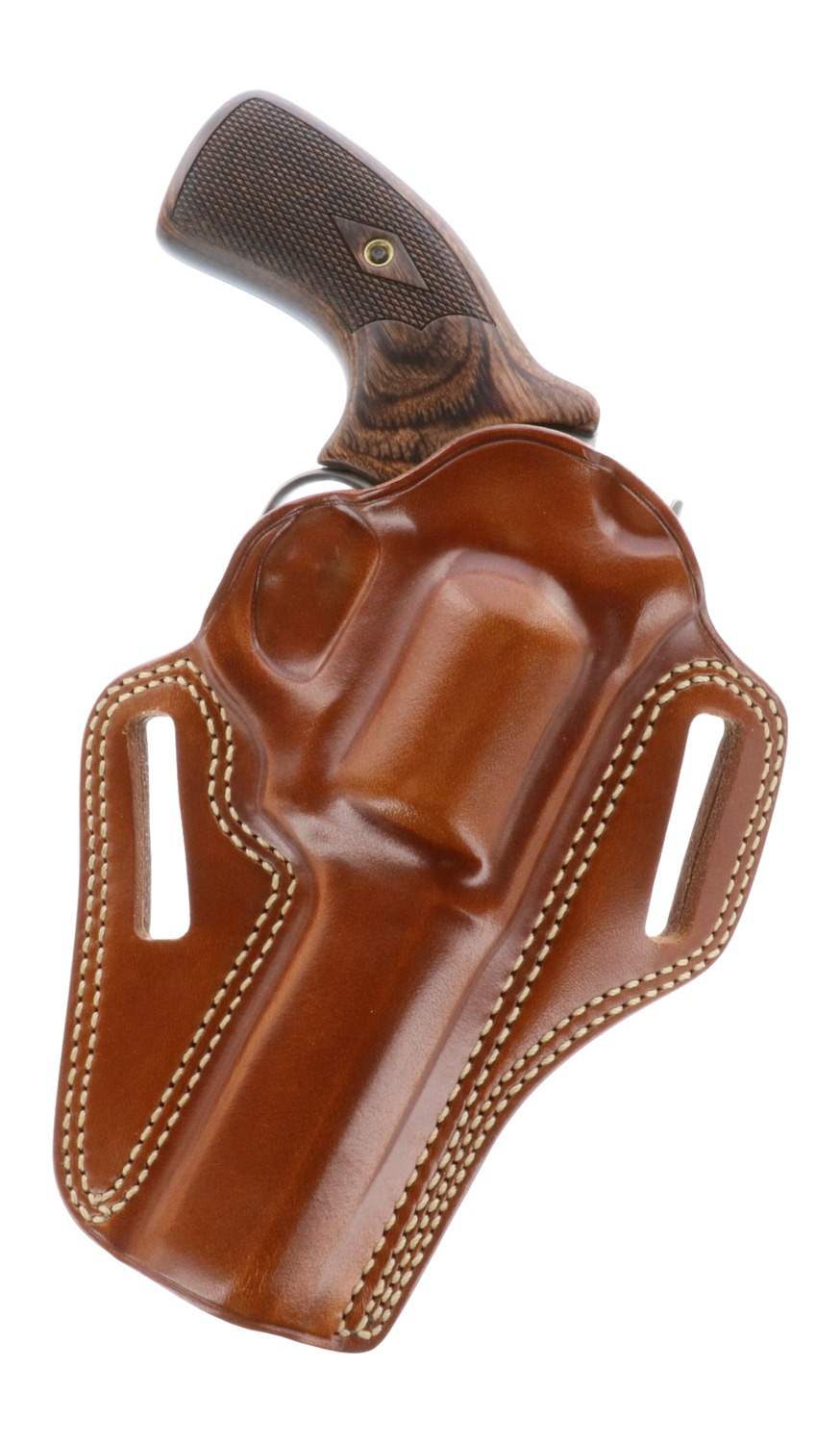 Revolver in brown leather belt holster