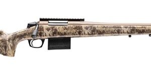 Camouflage bolt-action hunting rifle with long barrel