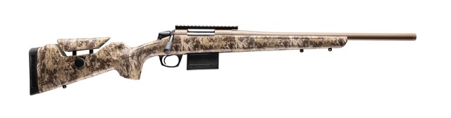Camouflage bolt-action hunting rifle with long barrel