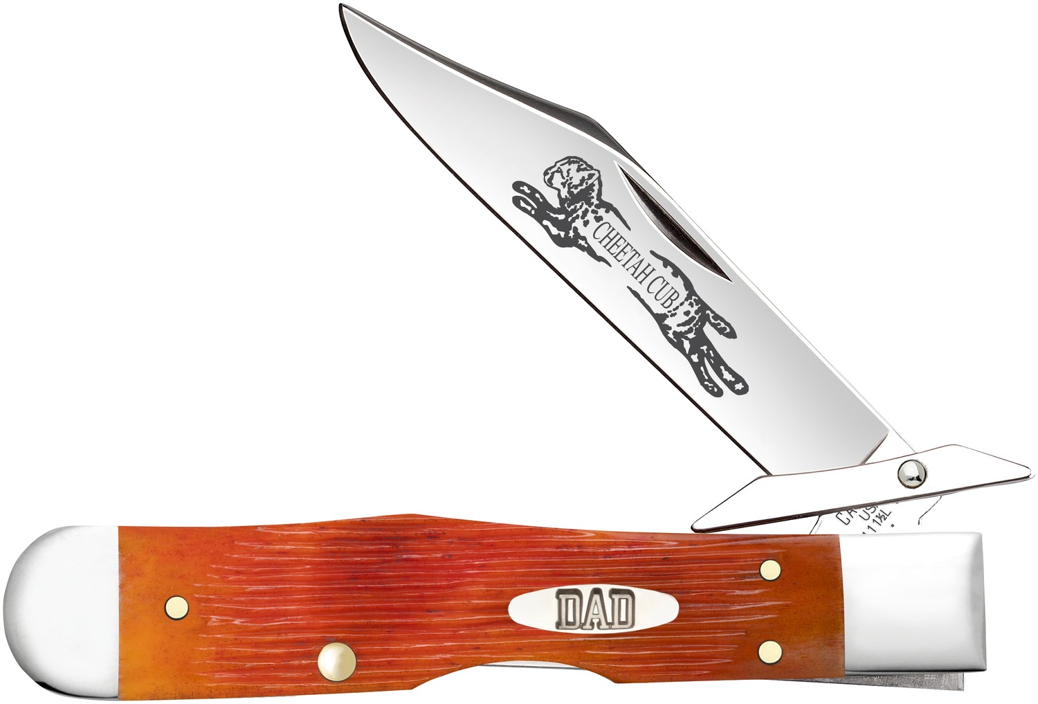 Engraved folding pocket knife with orange handle