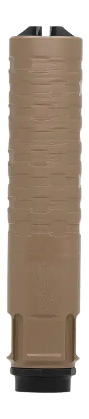 Tan cylindrical firearm suppressor with textured grip