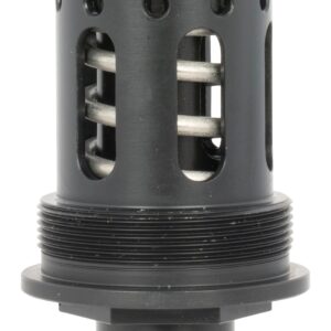 Black cylindrical metal component with visible internal spring