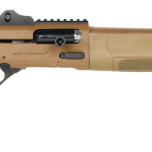 Tan tactical semi-automatic shotgun on white background