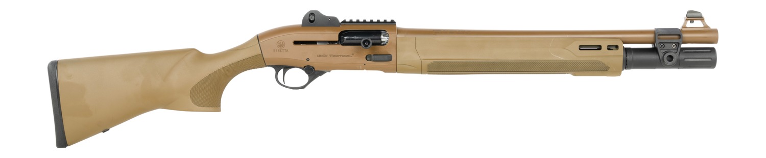 Tan tactical semi-automatic shotgun on white background