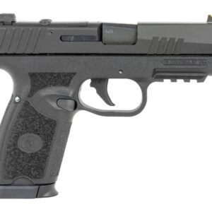 Black semi-automatic handgun on white background
