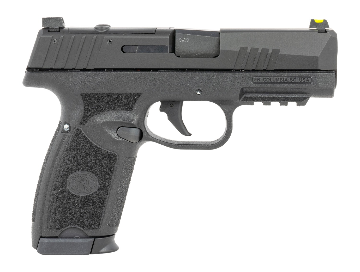Black semi-automatic handgun on white background