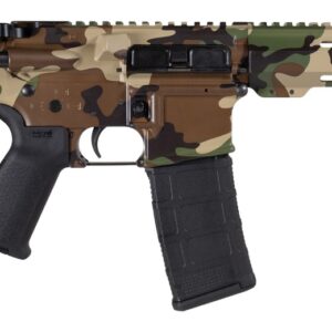 Camouflage AR-style rifle isolated on white background