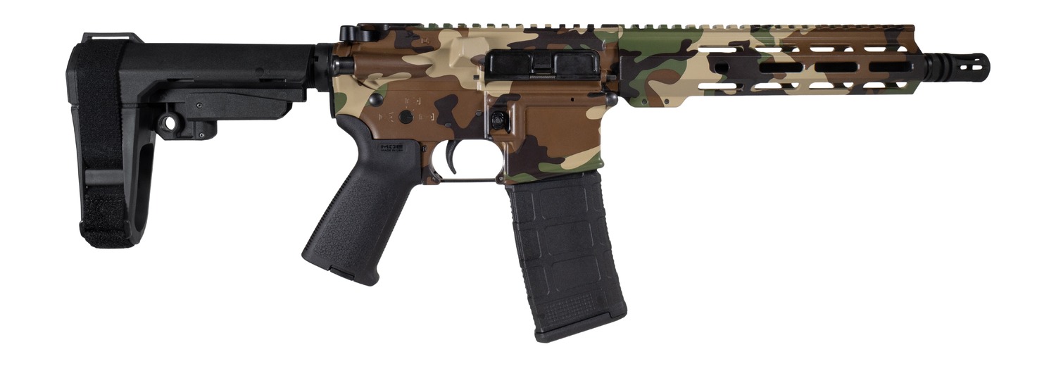Camouflage AR-style rifle isolated on white background