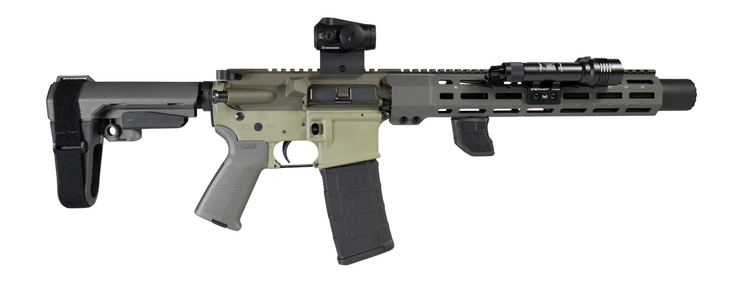 Modern AR-style pistol with optic and flashlight