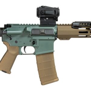 Compact AR-style rifle with optic and flashlight