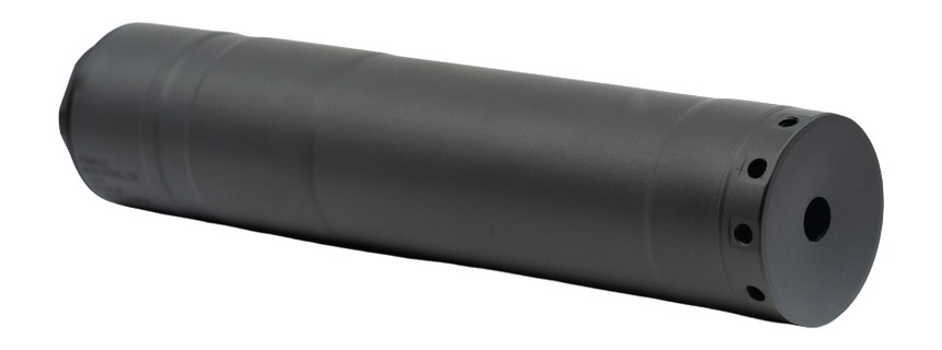 Black cylindrical firearm suppressor on white background