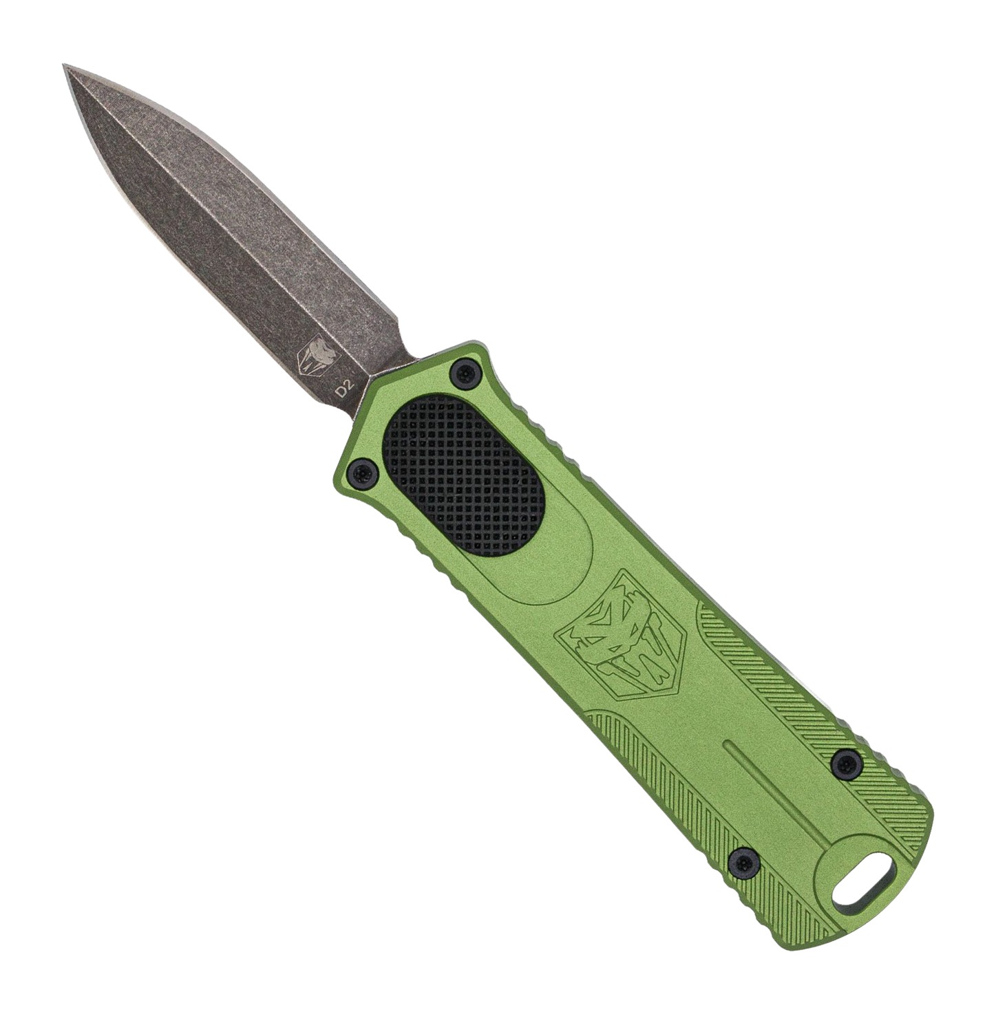 Green handled automatic knife with stonewashed blade