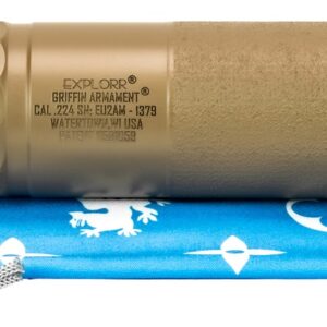 Tan Griffin Armament suppressor on blue pouch