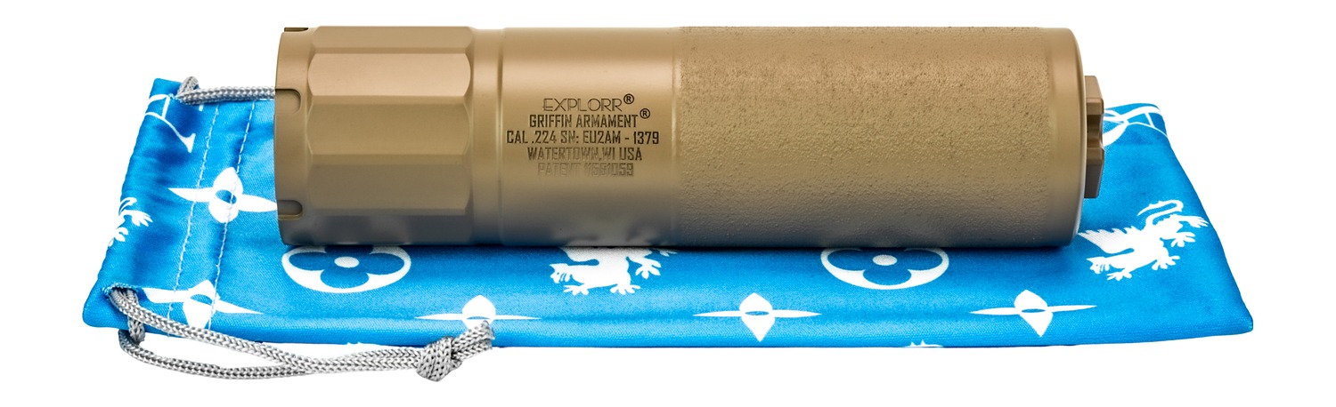 Tan Griffin Armament suppressor on blue pouch