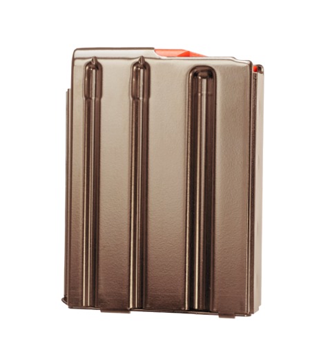 Metal rifle magazine with visible orange follower