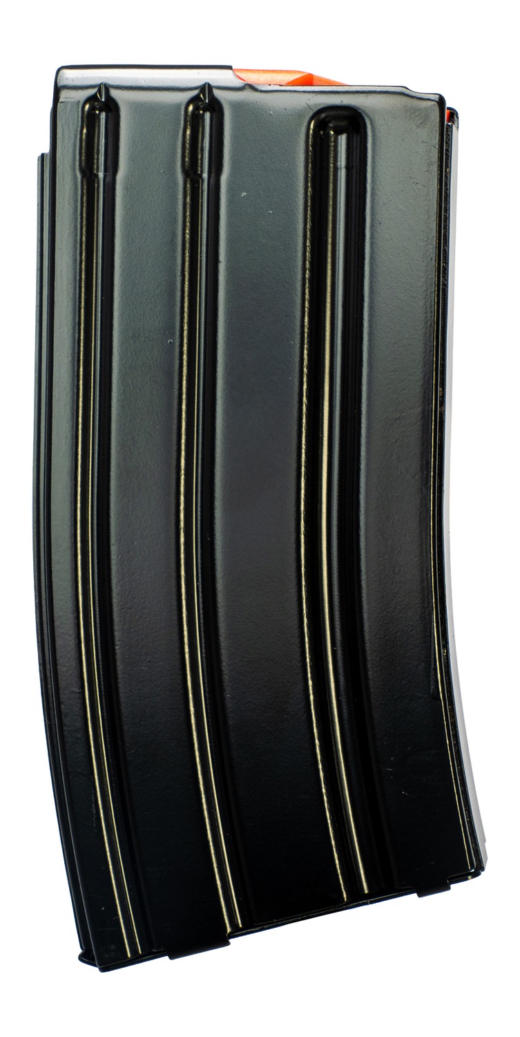 Black metal rifle magazine on white background