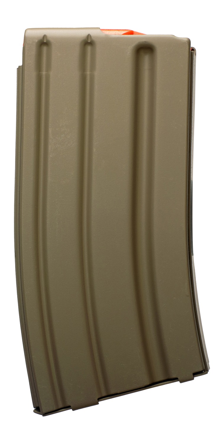 Tan metal rifle magazine on white background