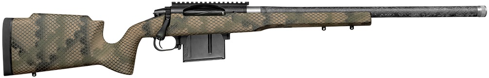 Camouflage bolt-action rifle with long barrel