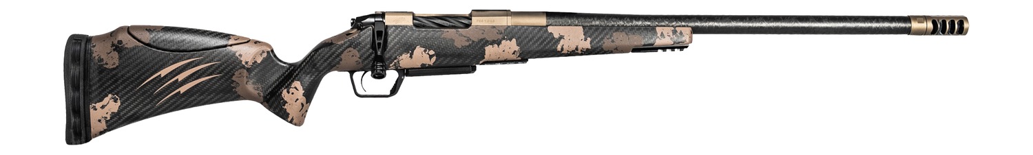 Camouflage bolt-action rifle with long barrel